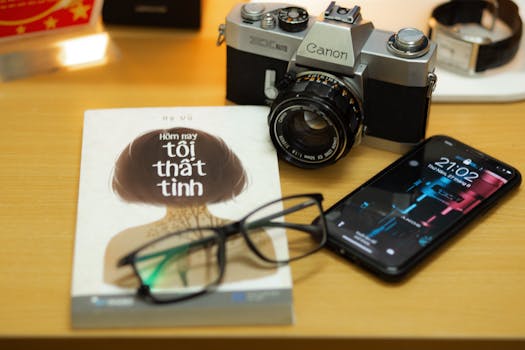 Close-up of a vintage camera with a book and smartphone on a wooden desk.