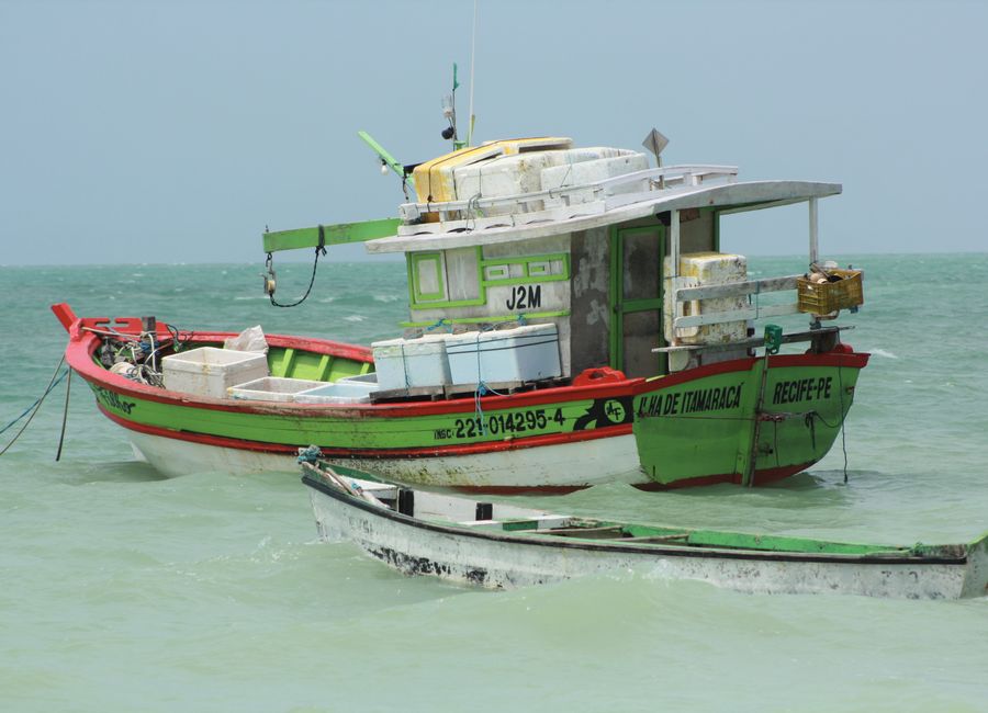 A vibrant fishing boat moored on turquoise waters, showcasing fishing industry livelihood.