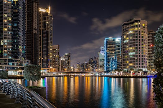 Stunning city skyline at night with lights reflecting on the water, showcasing modern architecture.