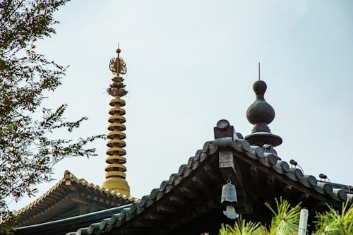 From below of roof of traditional oriental pagoda with ornamental elements against cloudless blue sky