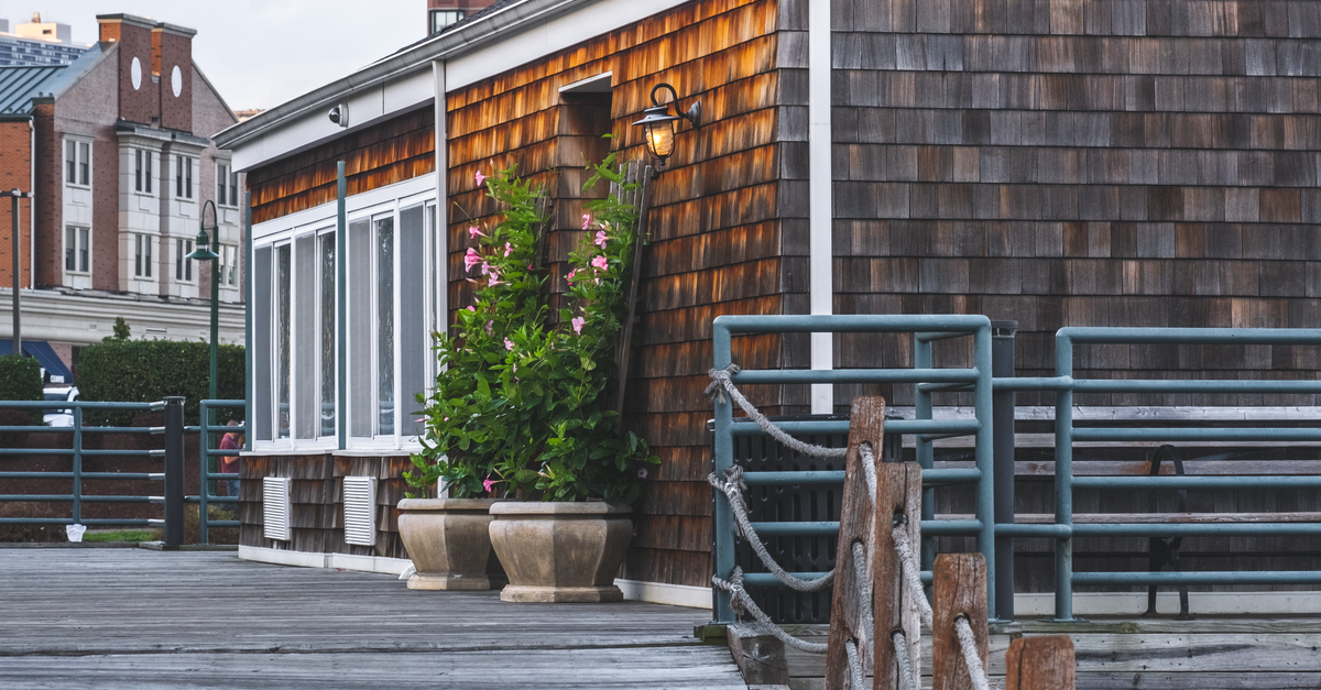Modern waterfront house with wooden exterior and plants on a spacious deck with city backdrop.
