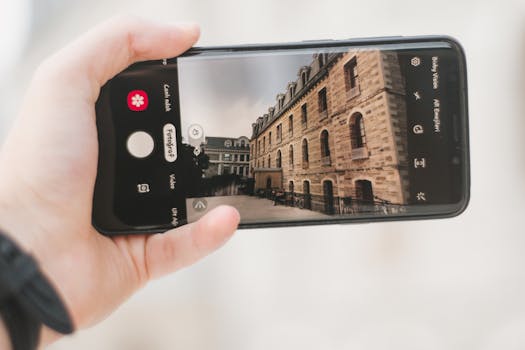 A close-up of a hand holding a smartphone capturing an urban architectural scene.