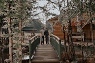 Wooden Bridge and House in a Forest