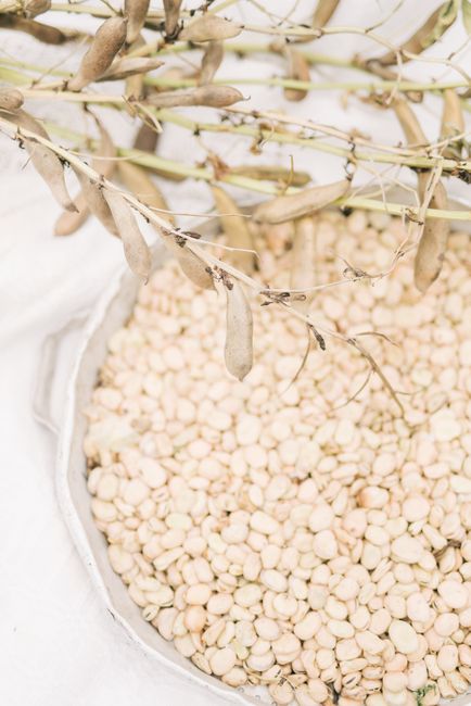 A small wooden bowl of dry navy beans next to a pot of cooked white beans in broth.