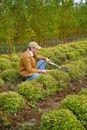Man with tool cutting bush