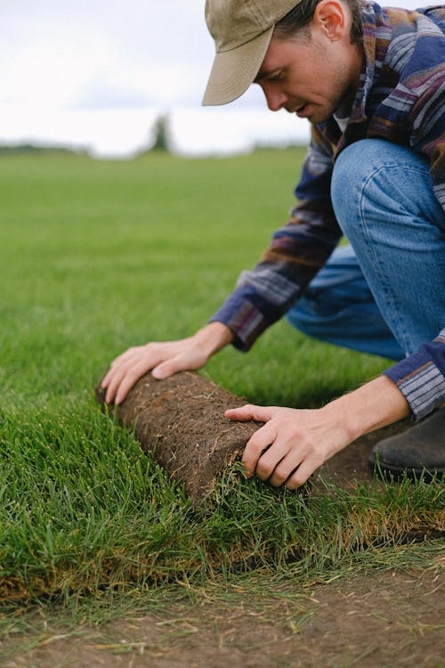 Side view of male worker laying sod grass onto ground for new garden lawn while working in countryside on blurred background