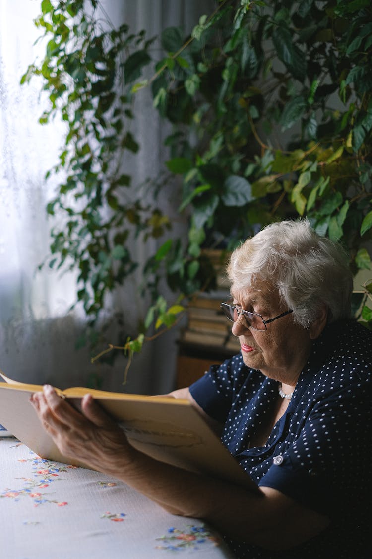 Elderly Woman With Book At Home