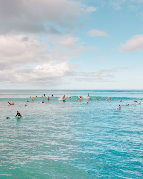 Surfers in the Sea Catching Waves