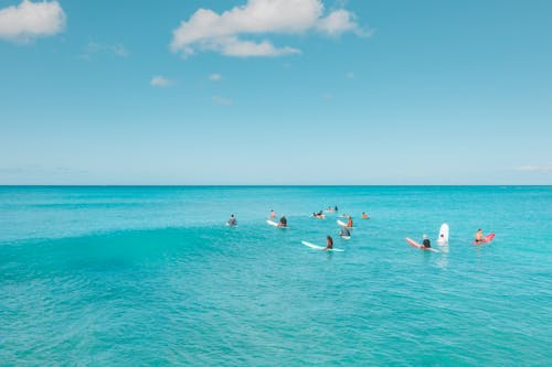 Surfers on Sea under Clear Sky