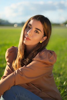 一位长发温柔的女性，穿着时尚夹克，在乡村草地和新鲜草的模糊背景下看着镜头