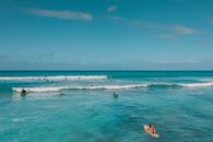 Surf Boarders Waiting for Waves in Sea 