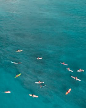 一张航拍照片令人惊叹地捕捉到了冲浪者在明亮的蓝色海浪中航行的情景