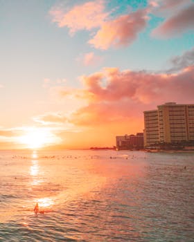 Beautiful sunset over ocean with beachfront resort in view, reflecting vibrant skies.