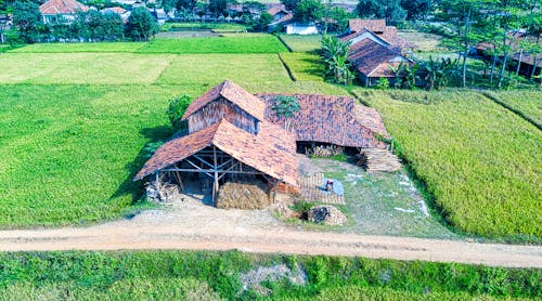 An Aerial Photography of a Wooden Houses Between Green Grass Field