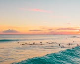 一群冲浪者在充满活力的日落下沿着海岸冲浪