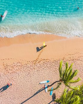 A stunning aerial view of surfers and palm trees on a vibrant tropical beach.