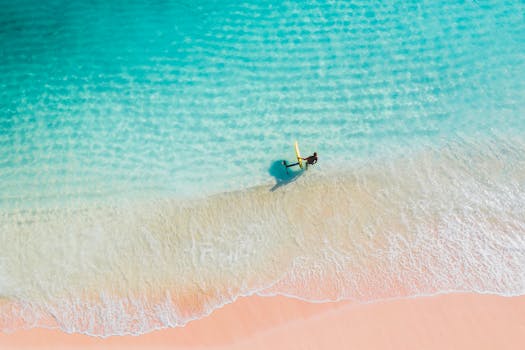 一张航拍照片中，一名冲浪者拿着冲浪板，位于充满活力的沙滩海岸线上