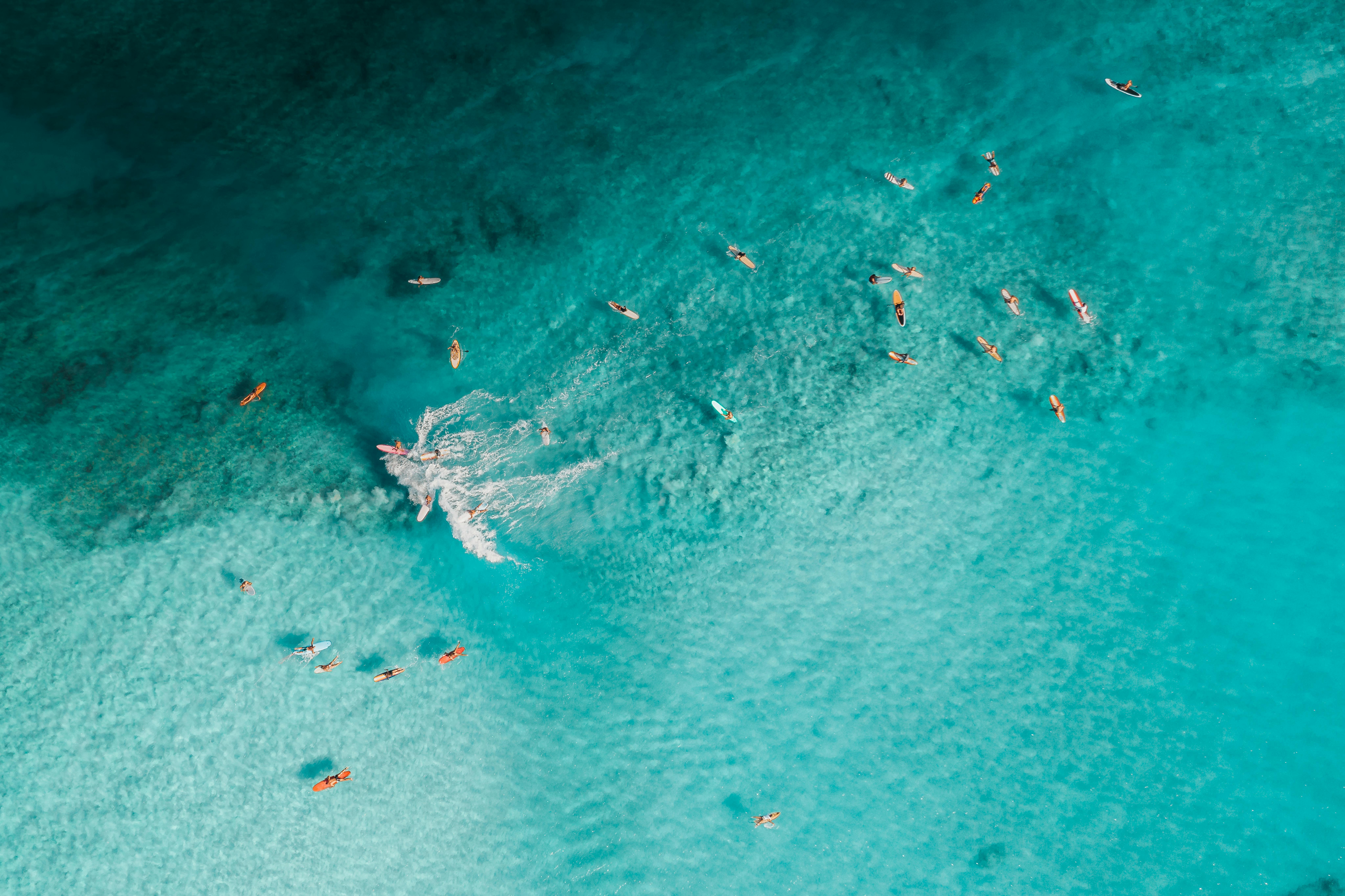 航拍镜头捕捉冲浪者在清澈碧绿的海水中冲浪，非常适合夏季度假