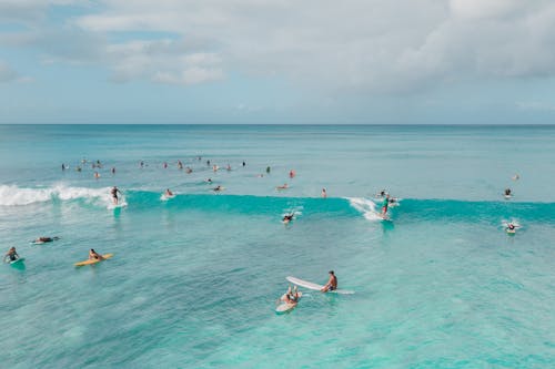 People on Boards Surfing on Ocean Waves