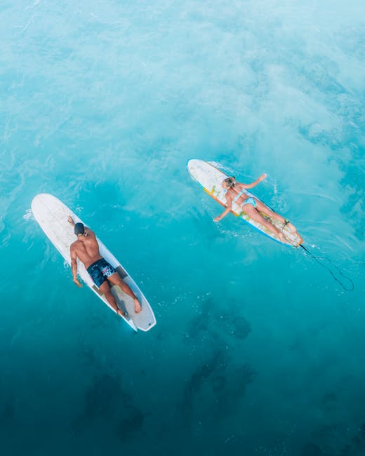 Two surfers lying on surfboards in bright blue ocean water. Aerial view, perfect for summer and beach themes.