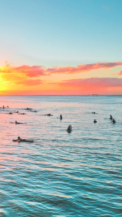 Surfers on the Sea During Sunset