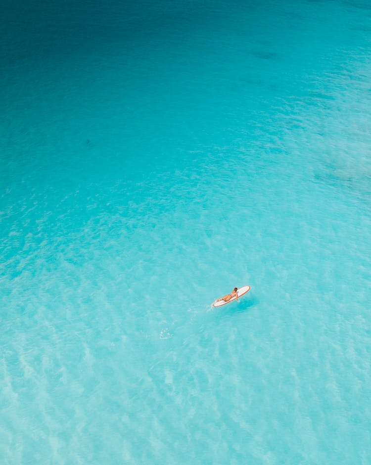  Woman Wearing Bikini Swimming Over Surfboard In Blue Sea