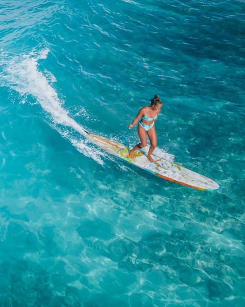 Woman in Blue Bikini Surfing on Blue Water