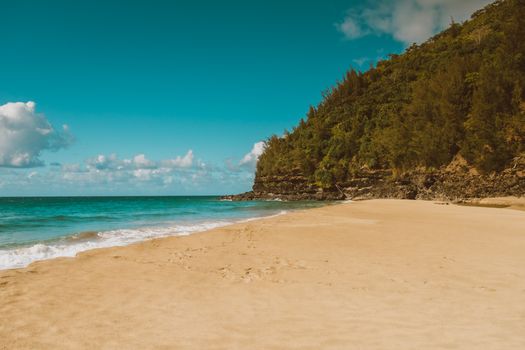 田园诗般的海滩场景下，清澈的蓝色海洋、沙滩与明亮的天空映衬着郁郁葱葱的山坡