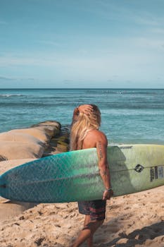 Man strolls along sandy shore carrying a surfboard under clear blue sky, perfect for summer vibes.