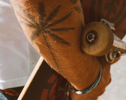Close-up of an arm with a palm tree tattoo holding a skateboard under sunlight.