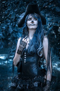 A woman in a fantasy pirate costume and art makeup captured outdoors.