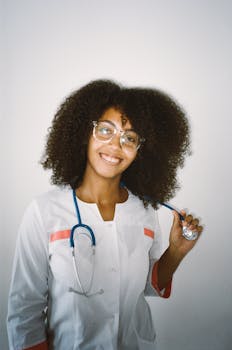 Portrait of a cheerful female doctor with curly hair wearing a stethoscope and eyeglasses.