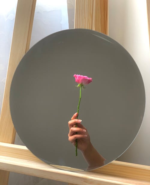 Зеркало, отражающее нежную руку с розовой розой