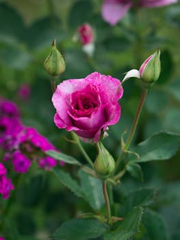 一个美丽的特写镜头中，一朵盛开的粉红玫瑰被郁郁葱葱的绿叶和嫩芽所包围