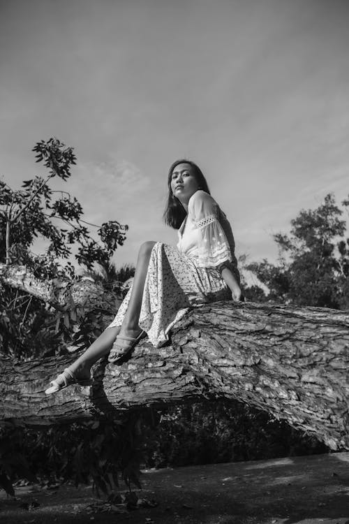 Grayscale Photo of Woman Sitting on Tree Log