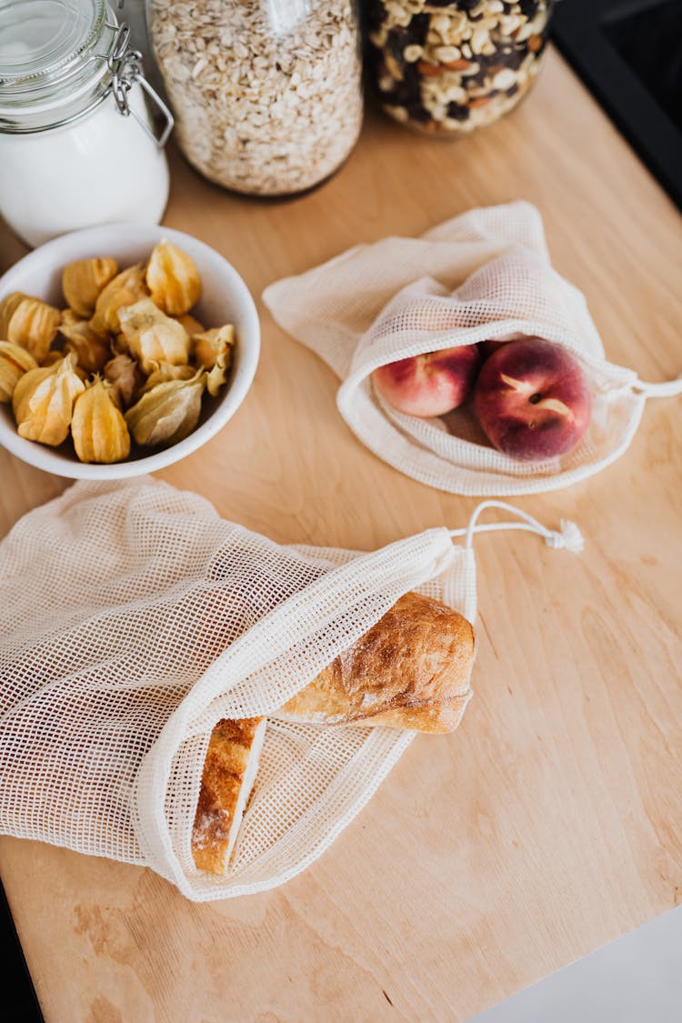 Bread And Apples In Reusable Bags 