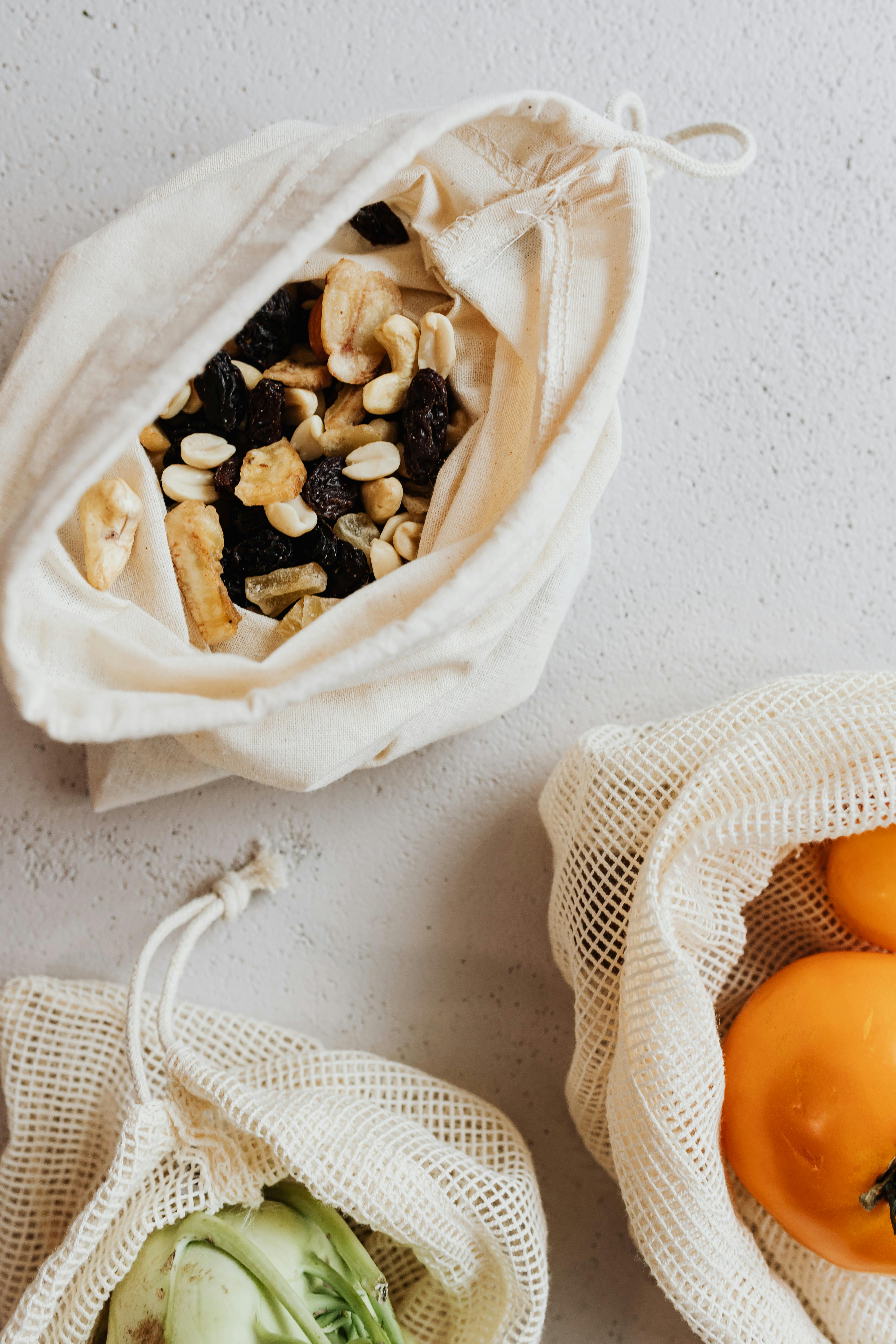 seeds and raisins in cotton bag