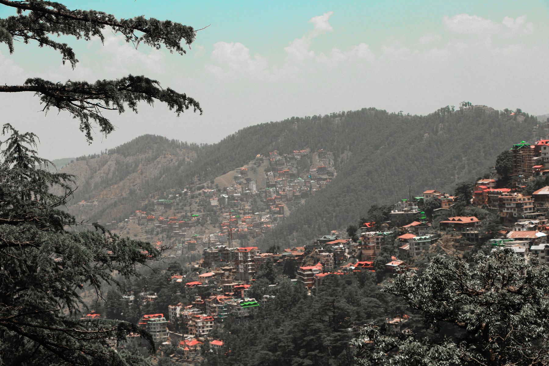 Tin roofs and church spire stacked along a forested Himalayan ridge