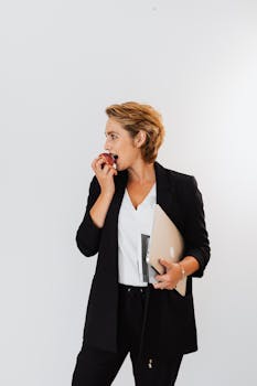Confident young woman in business attire eats an apple while holding a laptop, embodying multitasking.