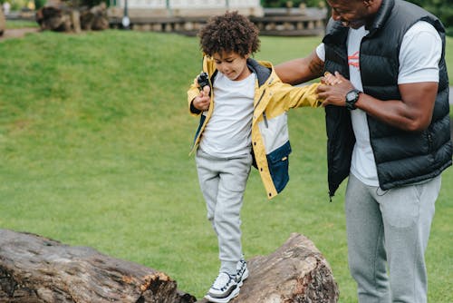 Free Caring African American man holding hands of careful kid while walking on wooden log in grassy park on blurred background Stock Photo