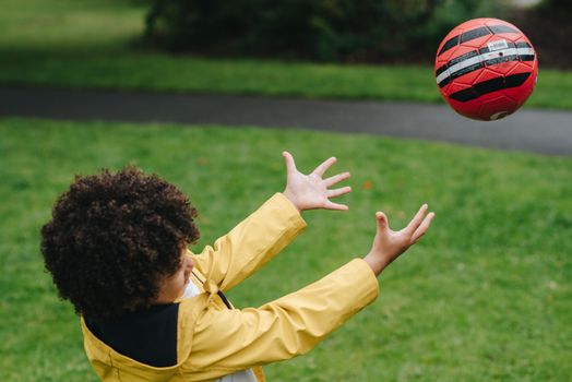 Side view of playful African American kid playing with red ball while standing on green lawn in park on blurred background