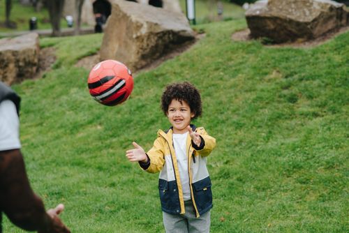 Free Happy African American kid catching red ball while playing on grassy ground with crop black father spending weekend together in park Stock Photo
