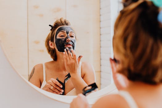A woman applying a black facial mask in front of a bathroom mirror for skincare.