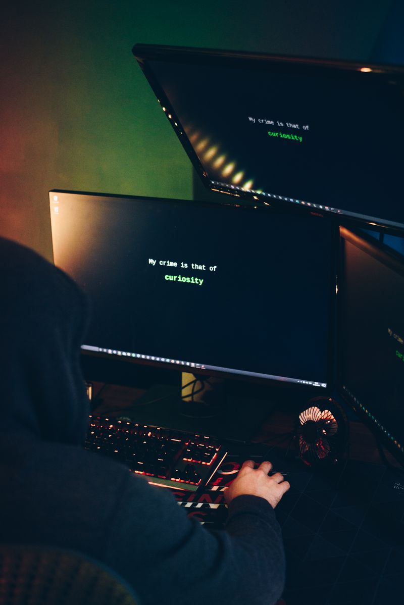A faceless attacker works at multiple screens in a darkened room, a scene that mirrors how CVE-2026-46817 is being probed remotely.