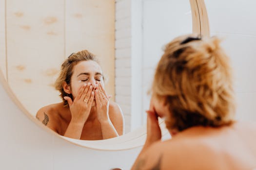 A woman gently washing her face in a bathroom mirror for her skincare routine.