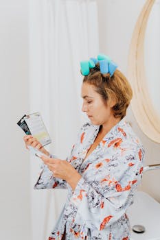 Woman in robe with curlers reading skincare product in bathroom.