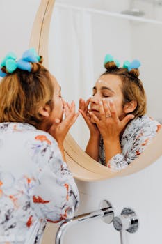 Woman in a robe applies face cream with curlers in hair, focusing on skincare routine.