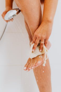 A woman washing her foot under a showerhead in a close-up shot.
