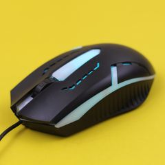 Black wired gaming mouse with coloured lights on a yellow background