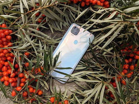 A sleek smartphone lying among fresh orange berries and green leaves, symbolizing nature-inspired technology.